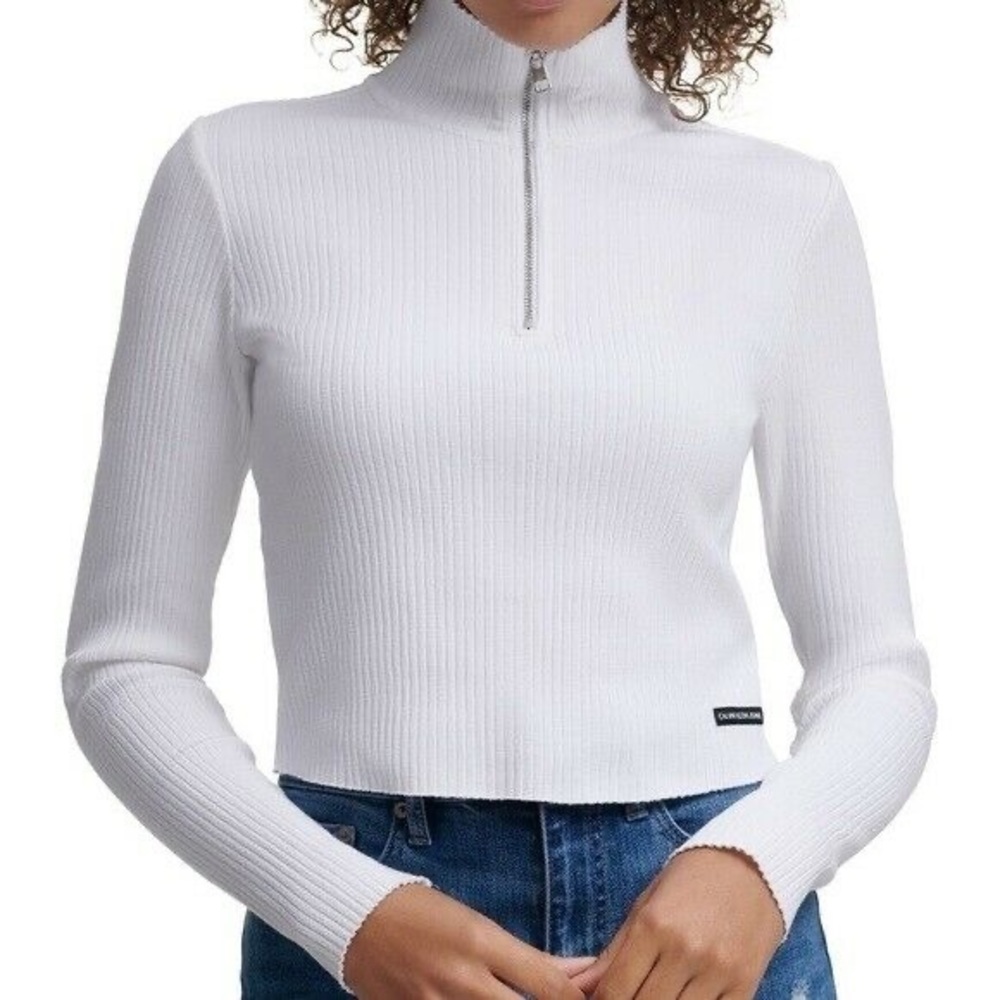 Calvin Klein Zipped Turtleneck Ribbed-Knit Crop Top